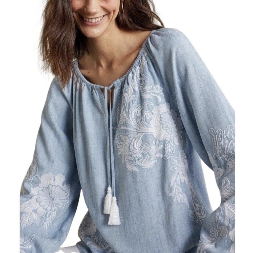 Soft Surroundings Womens Size M Womens Top Diya Embroidered Tunic Blue White